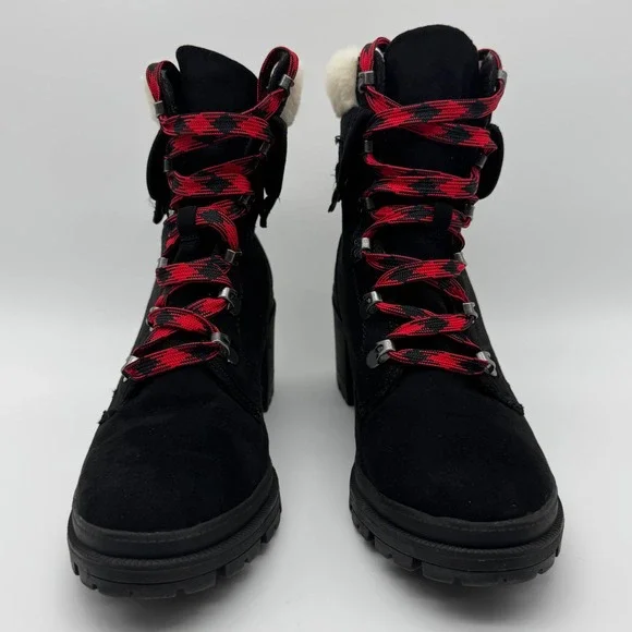 Jellypop Black Heeled Ankle Boots Red Plaid Laces Faux Fur Trim Lug Sole Size 9M - Picture 3 of 13